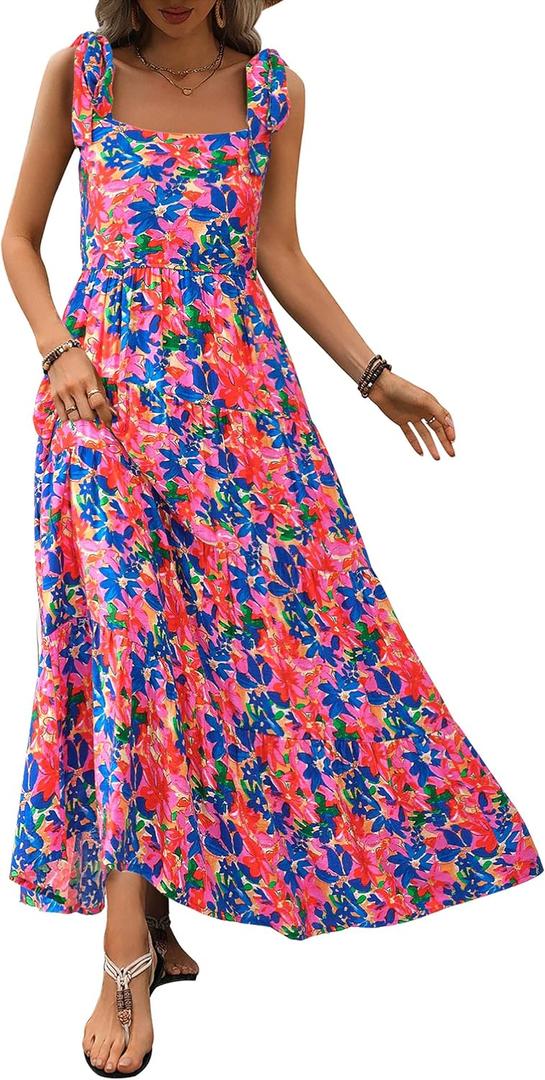 PRETTYGARDEN Women Dresses 2025 Summer Floral Sleeveless Maxi Dress Casual Spaghetti Strap Tiered Flowy Beach Long Dress (XX-Large, F-blue Pink)