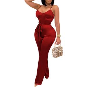 CUTUBLY Women's Bodycon V Neck Solid Color Spaghetti Strap Waistband Jumpsuit Romper(3717,Wine Red,L)
