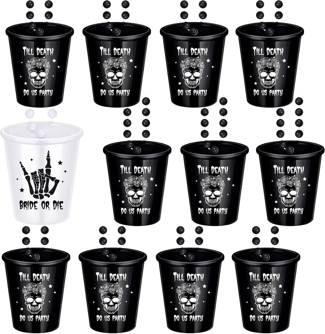 Kigeli 12 Pcs Bride or Die Shot Glasses Bachelorette Party Decorations Beaded Necklace Till Death Do Us Party Plastic Shot Glass Necklaces Gothic Skull Bridal Shower Gifts for Wedding