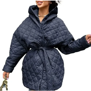BTFBM Women Button Down Quilted Jacket Coat 2023 Fall Winter Fashion Belt Pockets Removable Padded Hood Puffer Outerwear M Navy