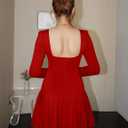 Women's Long Sleeve Mini Dress Sexy Boat Neck Pleated A-line Party Dresses (Red, L)