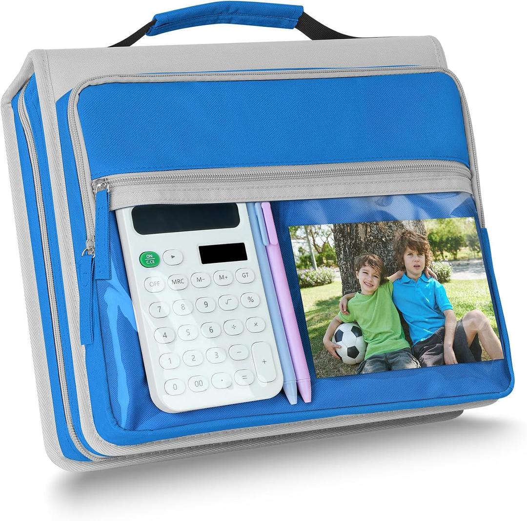 Ndsox Zipper Binder 3 Ring with Handle, 2 Inch O-Ring Document Organizer Middle School Binder with Zipper for Students, 5-Tab Expanding File Folder & 2 Mesh Pouches, DIY Clear Front Pocket, Blue