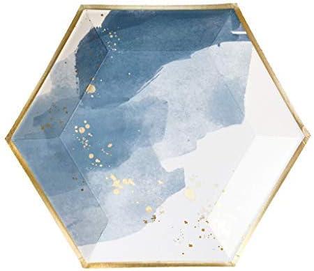 Harlow & Grey Malibu Watercolor Large Party Plates Set, 24 Ct Pack, 10.5 Elegant Disposable Paper Dinnerware Supplies for Birthday, Wedding, Shower, Anniversary, Engagement, Holiday, Blue & Gold
