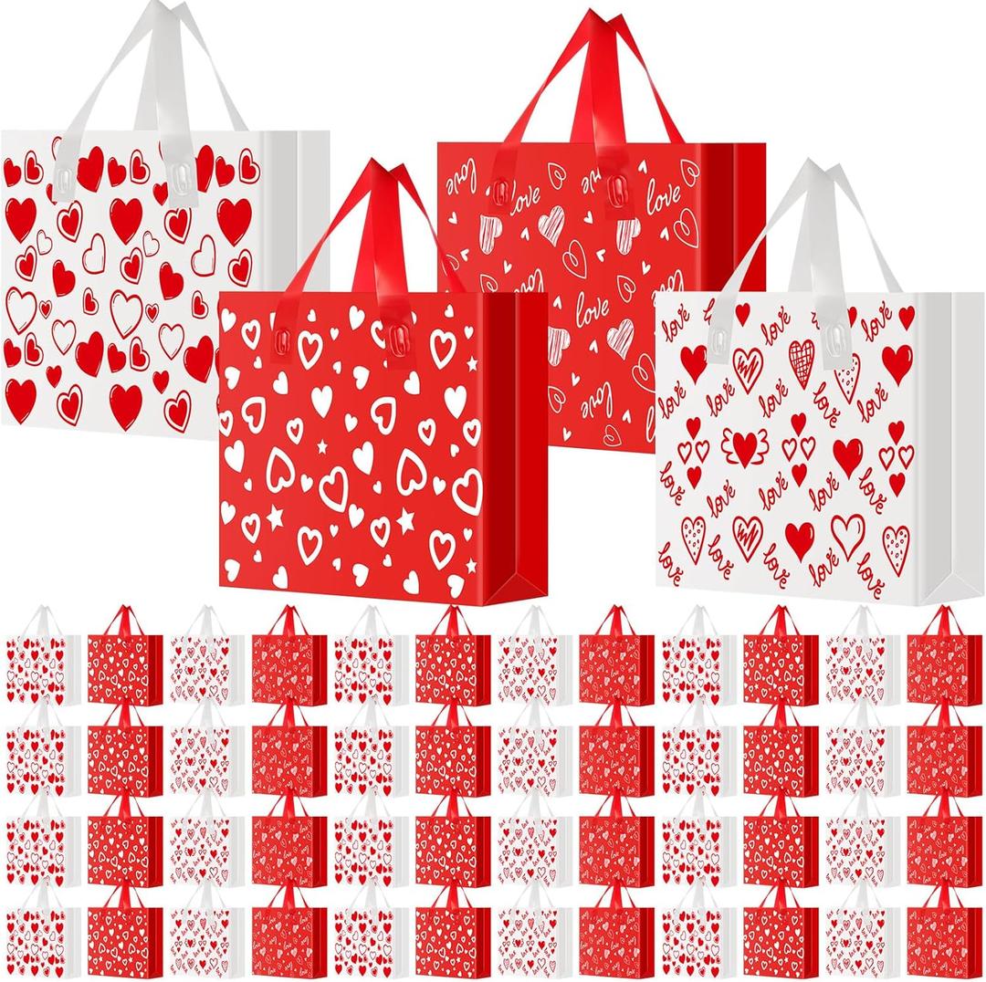Tenceur 48 Pieces Valentine's Day Plastic Gift Bags Red and White Heart Large Shopping Bags with Handle 13'' x 10'' Valentine Treat Goodie Merchandise Tote Bulk for Holiday Party Supplies