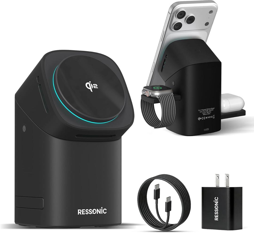 3 in 1 Wireless Charging Station for iPhone 17/16/15/14/13/12 Pro Max, Qi 2 Certified 15W Fast Charging Magnetic Charger Stand for Magsafe Phone, AirPods, Smart Watch (Black)