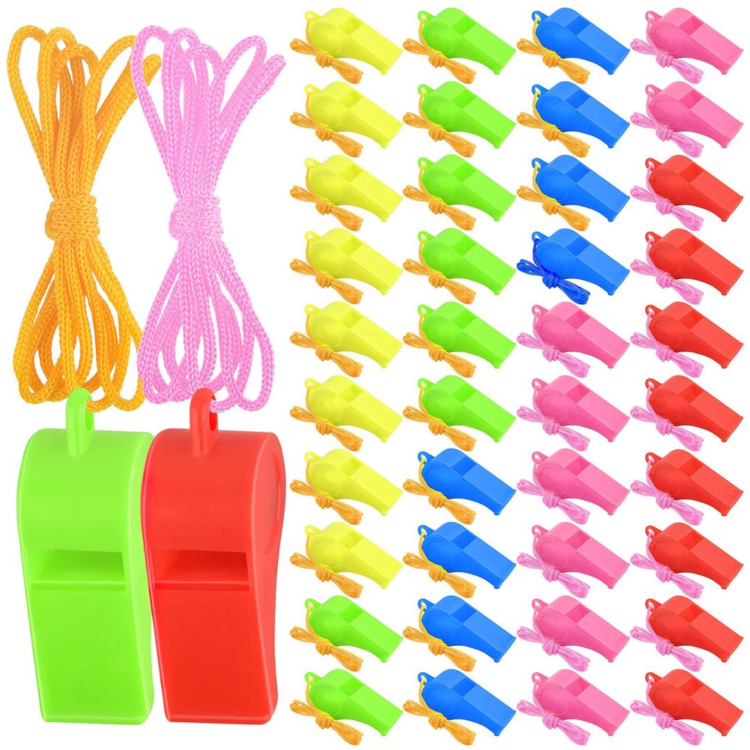 200 Pieces Plastic Whistles with Lanyard Loud Whistles Emergency Whistles Bulk for Trainning Outdoor Hiking Sports Coaches Teacher Referees Whistle