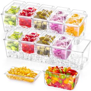 Lifewit 2 Pack Ice Chilled Condiment Caddy with 5 Containers(2.5 cup), Condiment Server with Separate Lids, Serving Tray Platter for Bar Accessories, Fruit, Salad, Taco, Party Garnish
