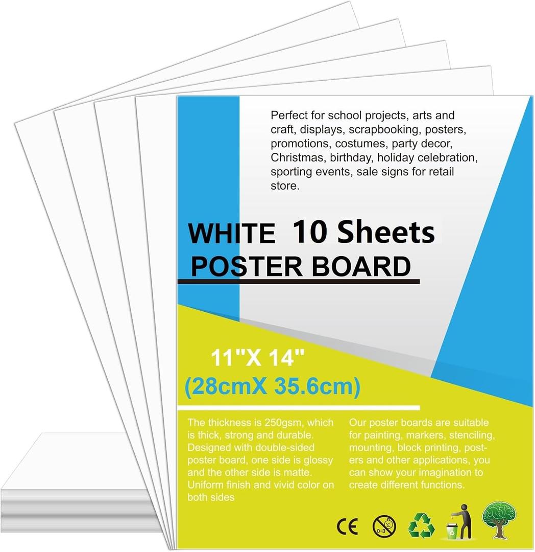 10Pcs Poster Board White Poster Paper Bulk 11" x 14", ROOKEA 250Gsm Thickness Vision Boards Smart Poster Board for School Arts Craft Projects Presentations Drawing Scrapbooking Blank Graphic Display