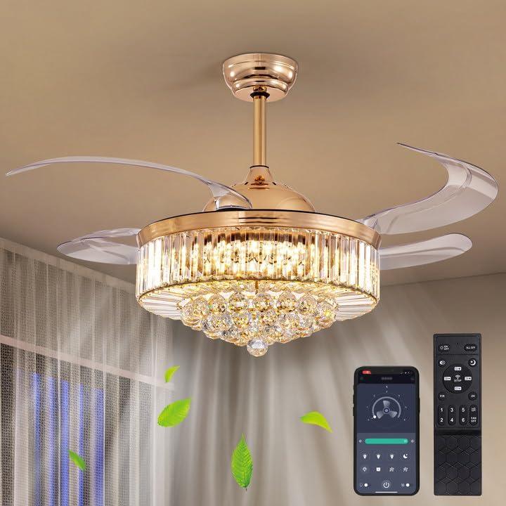 48" Modern Gold Crystal Ceiling Fan with Light and Remote Crystal Fandelier LED Dimmable Chandelier Fan with Invisible Reversible Fan Blades for Kitchen, Dining Room, Living Room,Bedroom