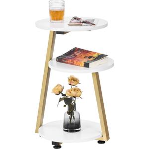 BEWISHOME Round End Table Side Table with Metal Frame, Accent Bedside Table Nightstand with 3-Tier Shelves, Small Couch Table for Living Room Bedroom White Gold KTZ41M, without PowerOutlet