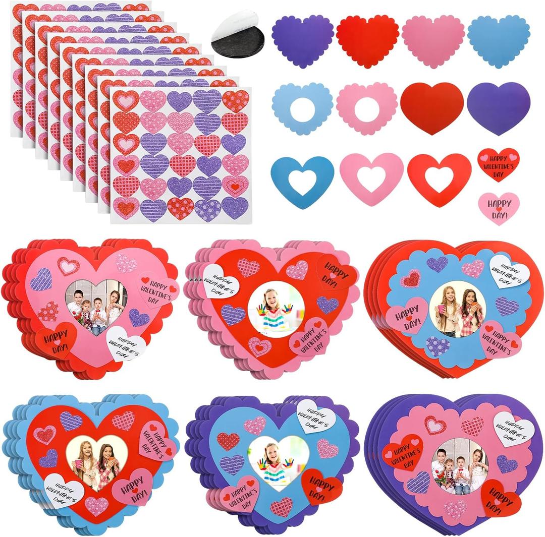 24 Pack Valentine Picture Frame Craft Kits for Kids Valentine's Day DIY Heart Photo Frame Bulk Magnet Classroom Art Crafts for Valentine's Day Party Decorations Gifts Game Class Activities