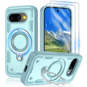 Gritup fro Google Pixel 9A Case | Military-Grade Magnetic Protective Cover Compatible with Mag-Safe, 2-Pack HD Screen Protectors, Rotating Kickstand & Anti-Fingerprint Design, Baby Blue (Pixel 9A-6.1 IN)