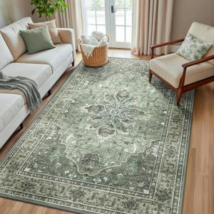 Area Rugs 5'x8' Washable Non-Slip, Floral Vintage Distress Print Pattern Medallion Carpet for Living Room Bedroom Dining Room, Dark Green Gray