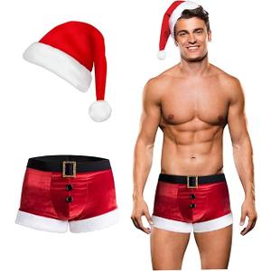 RSLOVE Men's Christmas Lingerie Set Sexy Santa Outfits 2PCS Red Boxers Holiday Briefs Underwear With Hat (XL) 