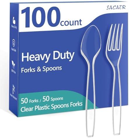 100 Count Plastic Silverware Heavy Duty -50 Forks, 50 Spoons, BPA-Free, Heat Resistant, Disposable Plastic Utensils Set, Plastic Cutlery Set, Plasticware Suitable for Party Everyday Use