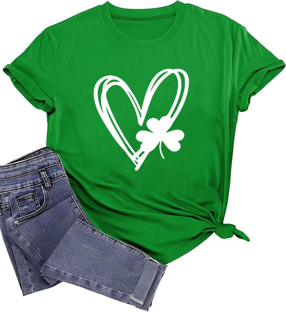 Saint Patrick's Day Shirts Women Funny Shamrock Graphic Print Irish T Shirt Spring Casual Short Sleeve Crew Neck Tee Tops (Green, L)