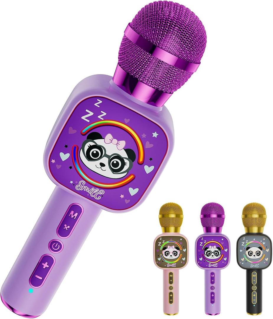 Bluetooth Karaoke Microphone Toy for Kids - Mini Portable Speaker with LED Lights, Wireless Pairing (TWS) for Duet Singing, Christmas Birthday Gift Toys for Boys & Girls Ages 2-12 (purple - 1)