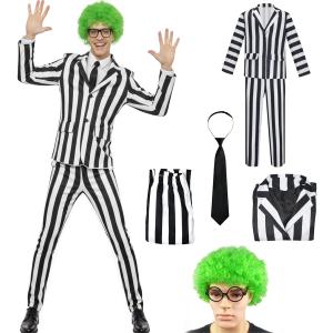 Mltao Black White Vertical Striped Suit 4pcs Set Jacket Pants Tie Wig Adult Teens Costume Halloween Party Dress Up Outfit (Medium)