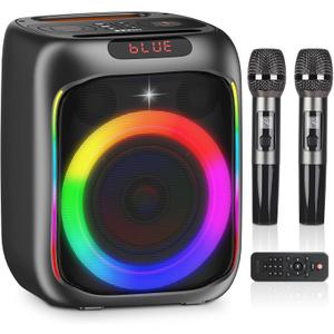 Karaoke Machine with 2 Wireless Microphones, 80W Portable Bluetooth Speaker, Party Speaker with LED Colorful Lights TWS Pairing, Karaoke Speaker Supports for Mic Input,USB,AUX,TF Card
