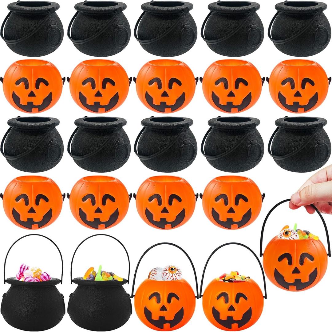 24 Pcs Halloween Mini Candy Holder Buckets,Portable Pumpkin Bucket with Handle,Plastic Halloween Witch Cauldron for Trick or Treat,Kid Party Favors