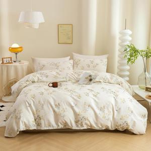 ECOCOTT Vintage Wash Painting Floral Duvet Cover Sets Queen Size,3 Pieces 100% Natural Cotton 1 Duvet Cover with Zipper and 2 Pillowcases, Ultra Soft and Easy Care Breathable Cozy Bedding Set