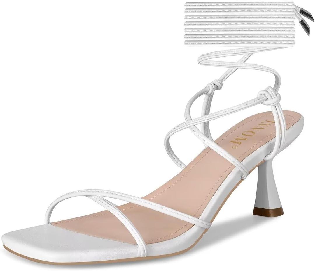 ISNOM Strappy Sandals for Women Kitten Heels Lace Up Heels Stiletto Heels Wrap Around Heels with Square Toe (White)