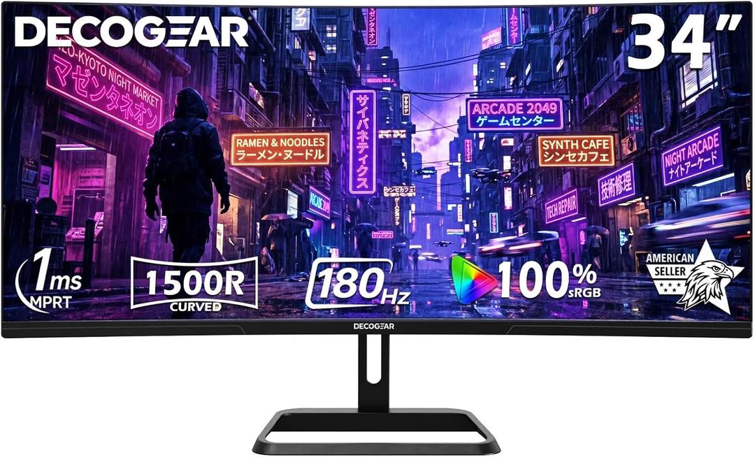 Deco Gear 34 Curved Gaming Monitor, 180Hz 34401440 Ultrawide UWQHD Screen for Laptop & PC, Adaptive Sync, R1500 VA Panel, HDR, 100% sRGB, Dual HDMI/DP, 21:9, VESA Mount, American Seller