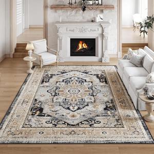 VK VKLIVING Machine Washable Rug 8'x10' Vintage Design Washable Area Rugs with Non Slip Rugs for Living Room Bedroom Traditional Woven Rug Carprt Stain Resistant, Dining Office Boho Rug, Brown&Black