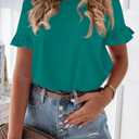 PRETTYGARDEN Women's Short Sleeve Casual T Shirts Summer Ruffle Plain Round Neck Loose Fit Tee Blouse Tops (Green, L)