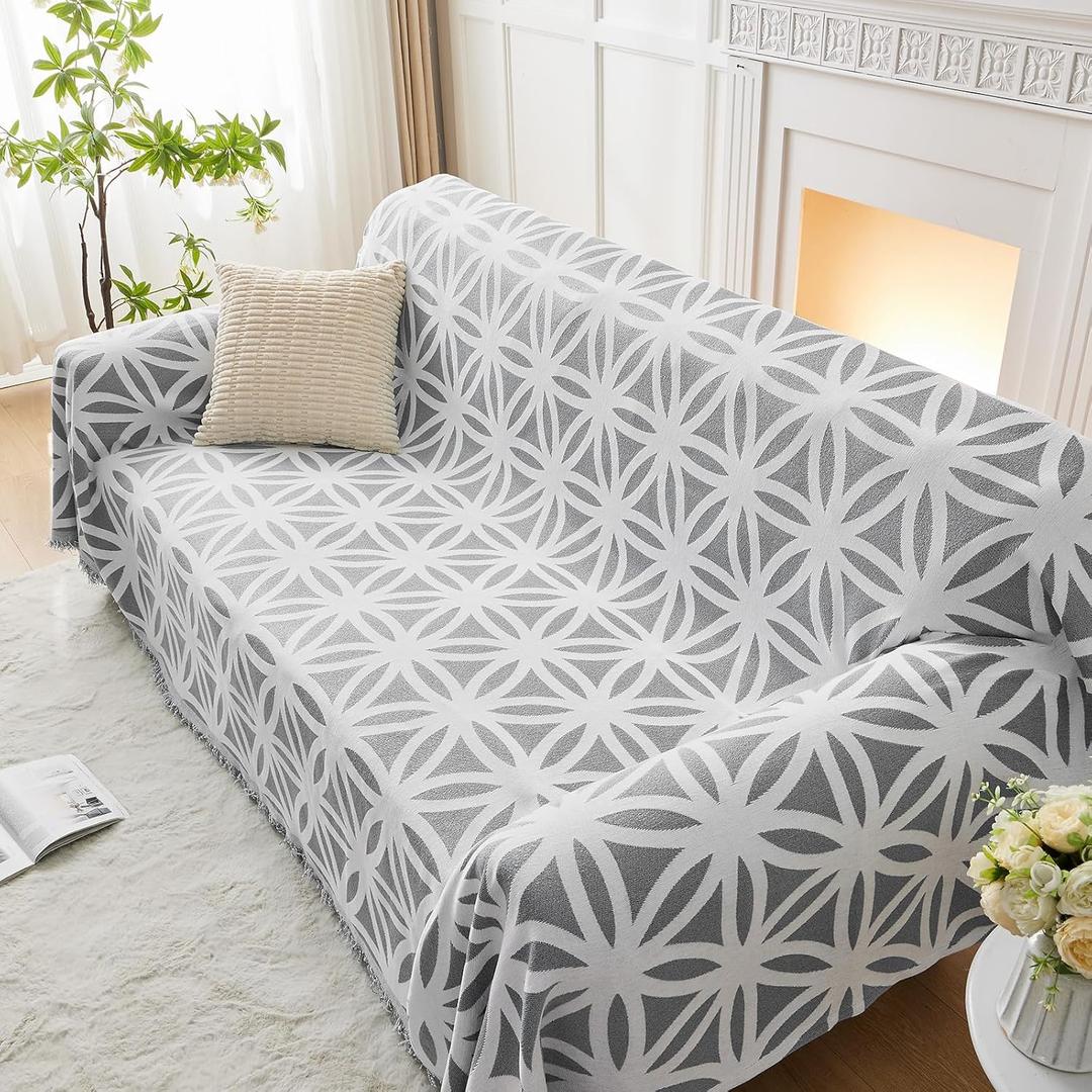 LOMAO Couch Cover Sofa Covers for 3 Cushion Sectional Couch Covers L Shape Couch Cover with Tassel Sofa Protector Washable Reversible Chenille Sofa Slipcover for Pet (1-Light Grey,XLarge71 * 134)