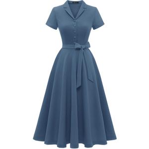Wedtrend Women's Vintage Tea Dress, Short Sleeve Cocktail Party Dress Work Church Casual Dress (Blue, XS)