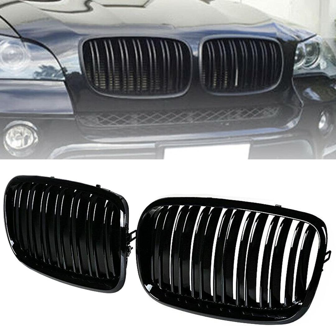 Front Bumper Kidney Grille Grill Glossy Black Compatible with 2007-2014 BMW X5 E70 X6 E71 Dual Slat Double Line
