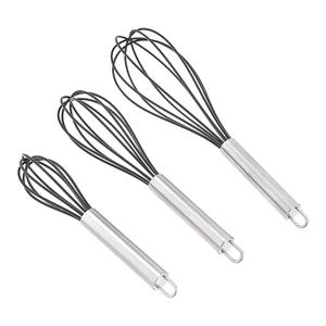 Amazon Basics Stainless Steel and Silicone Non-Stick Coated Whisk Set for Beating and Whisking, Dishwasher Safe, 8", 10", and 12", Pack of 3, Black