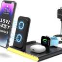 4 in 1 Foldable Charging Station with Light, Fast Wireless Charger for iPhone 11 12 13 14 15 16 & Apple Watch Series & Air pods, Galaxy S9 10 21 22 23, Wireless Charging Station with Adapter Black