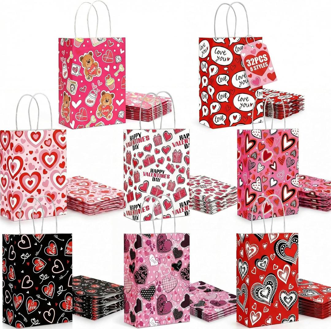 VGOODALL 32PCS Valentines Gift Bags, Heart Shaped Treat Bags with Handle for Wedding Classroom Valentine's Day Party Favors
