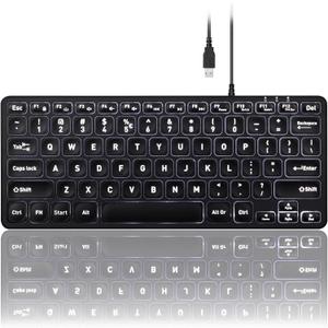 Perixx PERIBOARD-332 Wired Backlit USB Keyboard - Mini 11.22x4.57x0.83 Inches - Slim Scissor Keys with Big Font - White Illuminated LED - US English