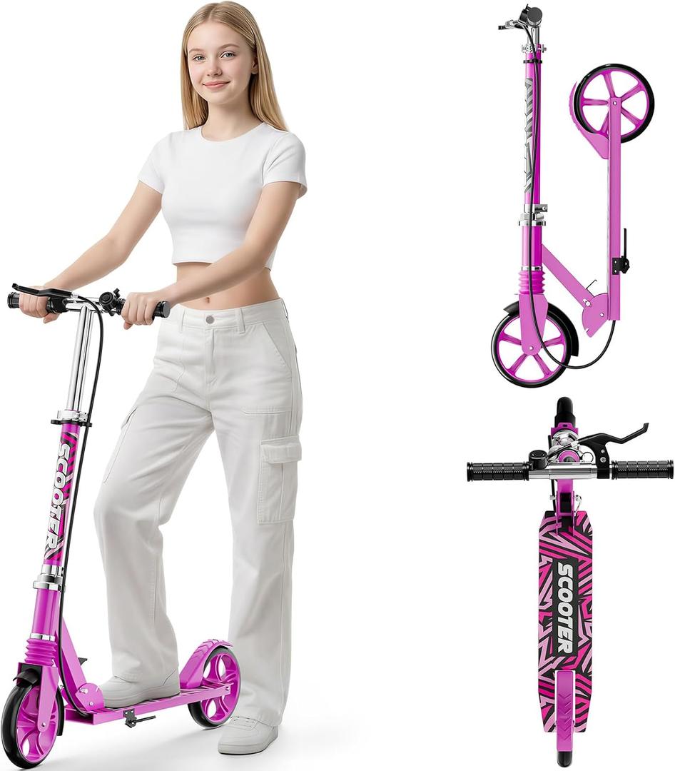 Scooters for Kids 8-12, Teens & Adults - Load 240 LBS, 8-Inch Wheels, Kick Scooter with Shock Absorption System, Hand Brake & Bell, 4 Adjustable Height Levels, Perfect for School, Commuting or Park
