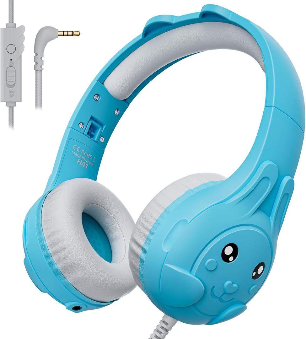 ZIUMIER Kids Headphones, with Microphone, 80/90dB Volume Limiter, Audio Sharing Port, 3.5mm Wired Toddler Headphones for School Travel (Light Blue)