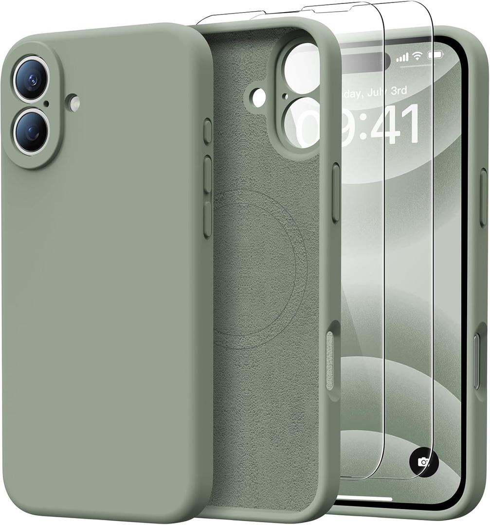 for iPhone 16 Case with 2 Screen Protectors - Compatible with Magsafe - Upgraded Camera Protection - Liquid Silicone Protective Phone Case for Men, Women,Girls - Porcelain Blue