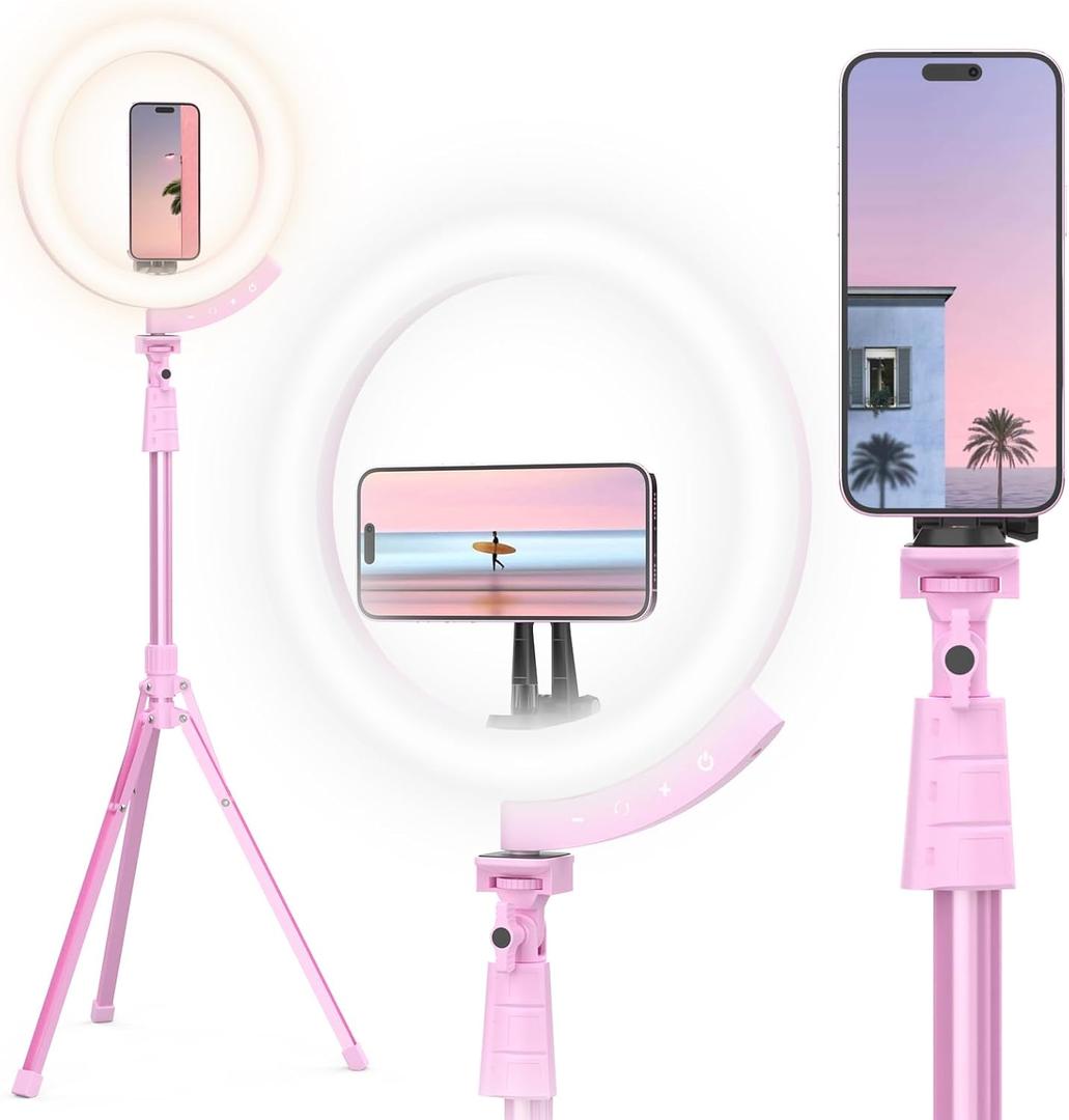 UBeesize 12'' LED Ring Light with 62'' Tripod Stand and Magnetic Phone Holder, Selfie Ring Light for Video Recording, Live Streaming, Compatible with iPhone & Android (Pink)