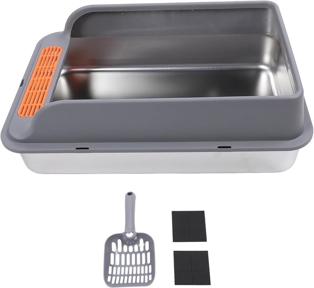 Cat Litter Box Stainless Steel Cat Litter Tray Extra Large Litter Tray Top Entry Anti Splashing Metal Litter Pan with Leakproof Mat, Litter Scoop & Mat for All Cats (Extra Large) (Dark Gray)