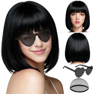 PLULON Black Short Bob Wig with Bangs for Women, Colorful Neon Short Bob Synthetic Hair Wigs with Hair Cap Heart Sunglasses for Adults Men Daily Bachelorette Halloween Costume Party Supplies