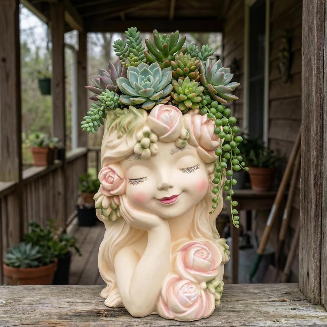 Elenon Head Face Planter for Succulents Indoor Outdoor with Drainage Hole, Unique Home Garden Decor Resin Cute Turtle Flower Pot Gift Idea for Plant Lovers