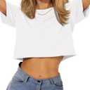 Womens Summer Crop Tops Short Sleeve Round Neck T-Shirts Loose Fit Casual Blouse 2026, L