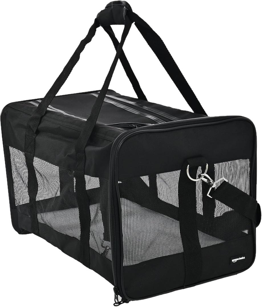 Amazon Basics Airline Approved Soft-Sided Mesh Pet Travel Carrier with Shoulder Strap, Removable Washable Fleece Pad, Top Opening, Ventilation for Dog, Cat, up to 22 pounds, 19.7Lx12Wx12H in., Black