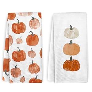 KFXHANGD Fall Pumpkin Decor Kitchen Towels and Dishcloths Set of 2, Fall Thanksgiving Day Hand Dish Towel, Farmhouse Autumn Pumpkins Decorative Hand Tea Towels for Bathroom Kitchen, 16×24 Inch