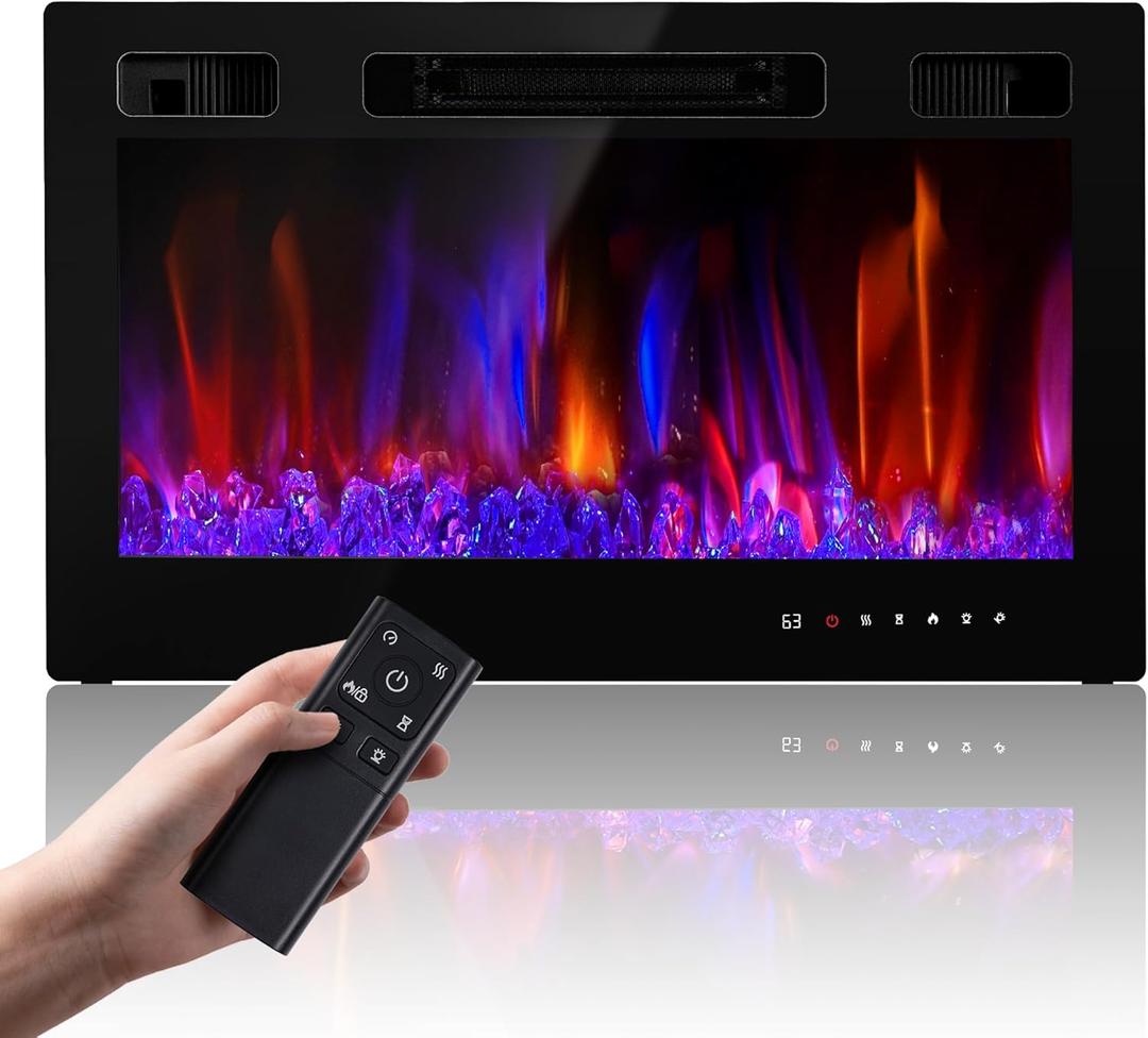 Electric Fireplace Insert 36" Realsmart 1500W Wall Mounted Fireplaces Recessed Heaters Remote Control Slim Black Fireplace Touch Screen Timer 12 Flame Colors LED Decor Low Noise (36)