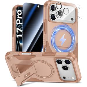 Goton for iPhone 17 Pro Case with Privacy Tempered Glass Screen Protector & Camera Lens Protector, Compatible with MagSafe, Invisible Kickstand, Shockproof Phone Cover for iPhone 17Pro
