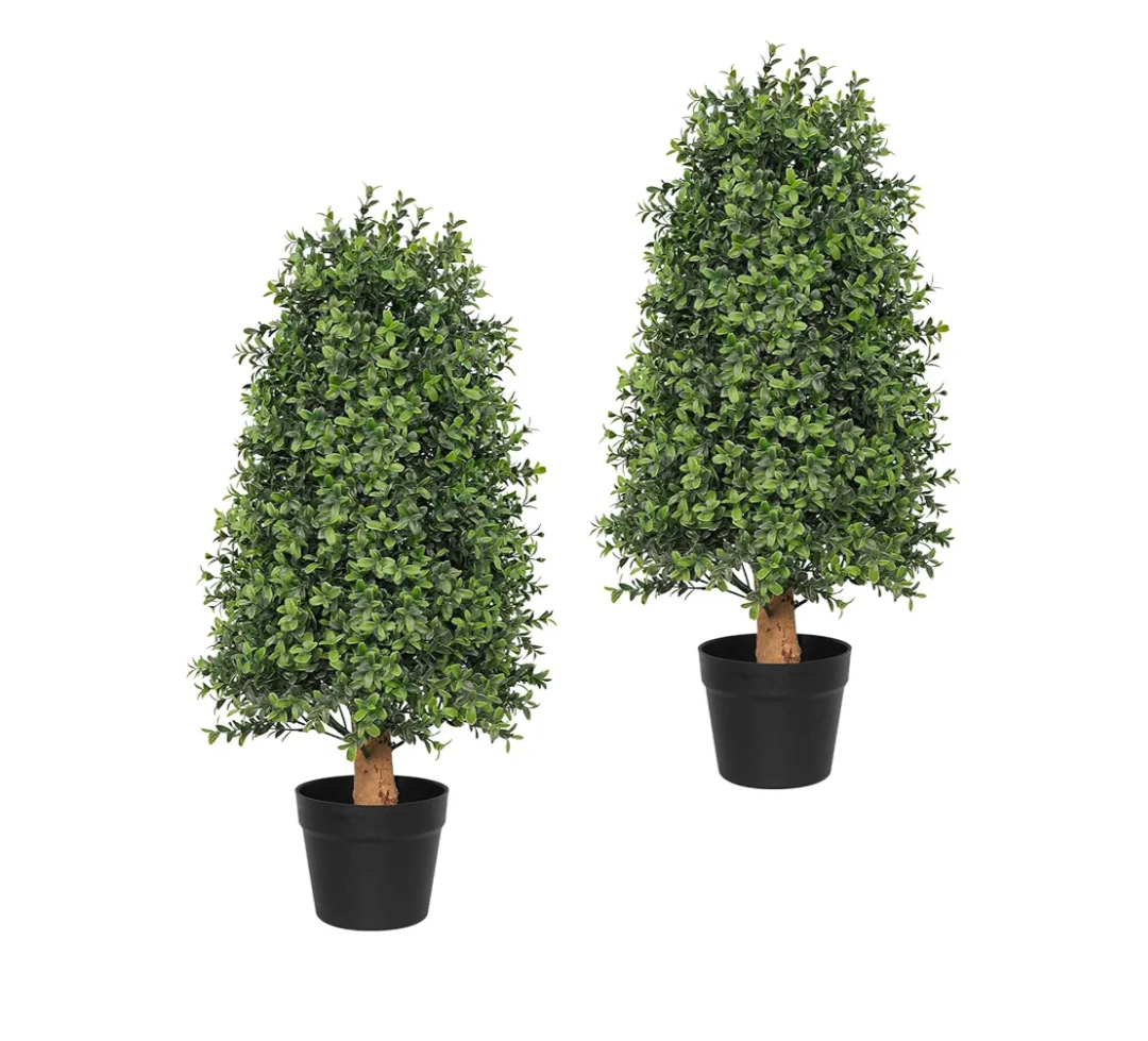 30 inch Artificial Boxwood Tree Topiary, 2 Pack Faux Boxwood Topiary Plants Outdoor, UV Resistant Boxwood Potted Trees Fake Boxwood Bushes for Front Door Porch Entrance Balcony Decor