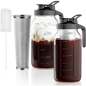 2-Pack Cold Brew Coffee Maker - 64oz Mason Jar Pitcher with Stainless Steel Filter, Spout Lid for Iced Coffee, Tea, Lemonade & Fruit Drinks